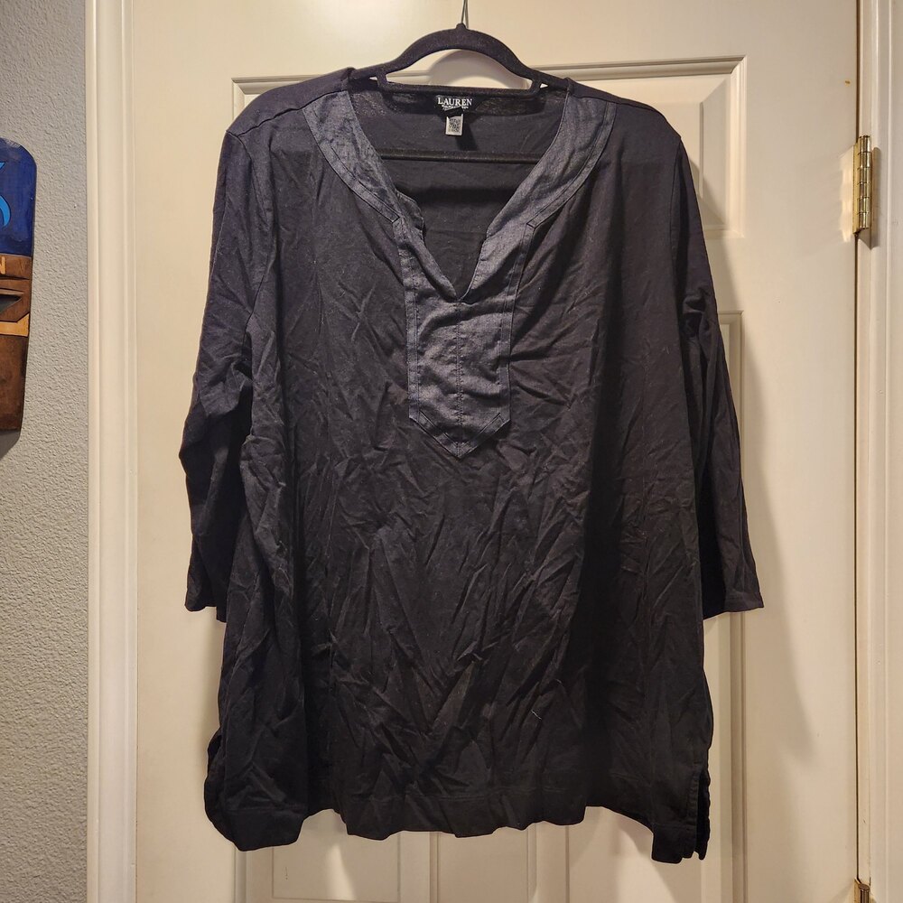 Lauren Ralph Lauren Tunic Blouse Navy V Neck 3X3T6 3EG